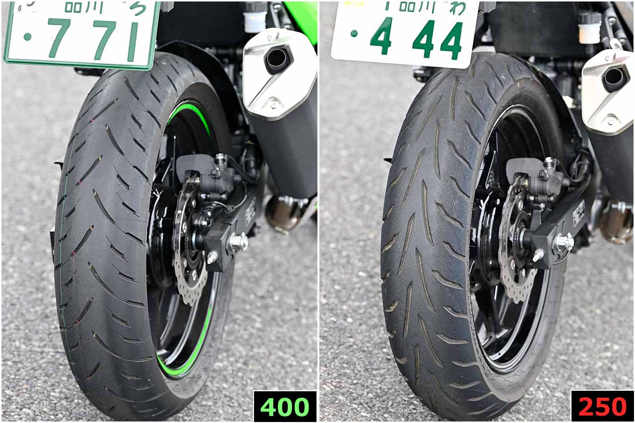 タイヤサイズはNinja 400がF＝110/70R17、R＝150/60R17。Ninja 250がF＝110/70-17、R＝140/70-17。リアタイヤのサイズが異なり、また標準装着タイヤは、Ninja 400はラジアルでNinja 250はバイアスとなっている。ホイールは共通品