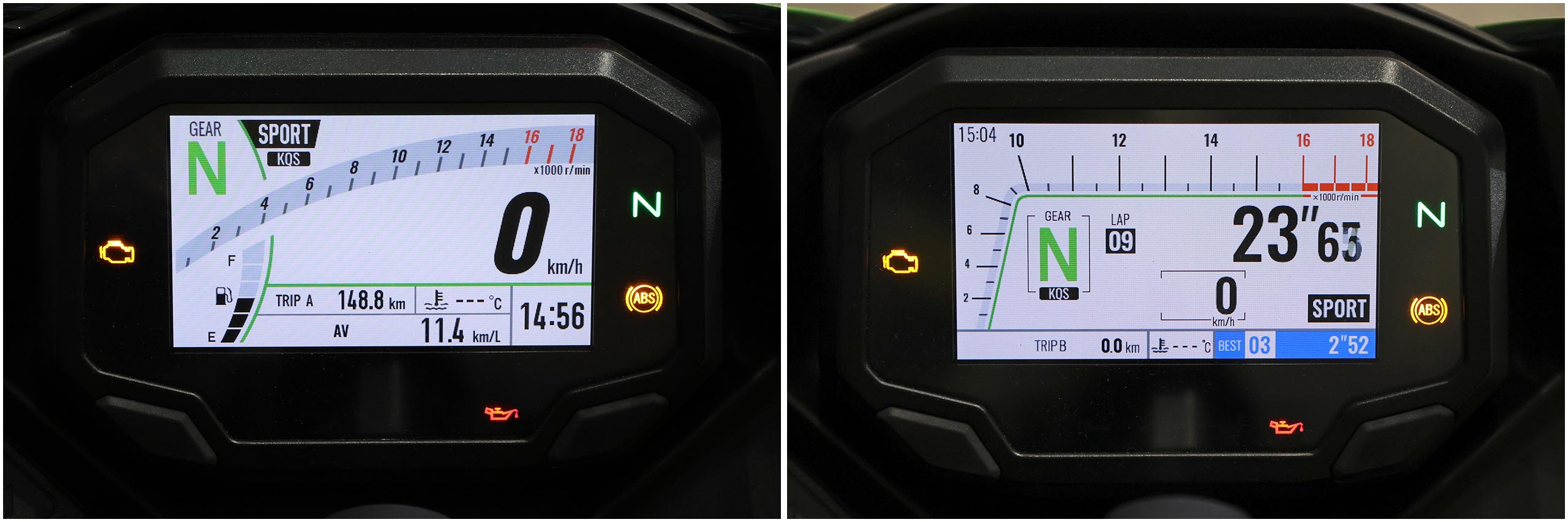 新型Ninja ZX-25R SEと同じく、ノーマルとサーキットに表示モードを切り替えられる4.3インチTFTカラー液晶メーターを搭載。背景色を白と黒から選べ、専用アプリでスマホ連携も可能
