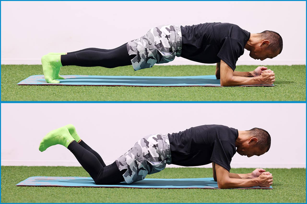 体幹トレーニングの基本。両ヒジを床に着け、頭からかかとまで一直線になる姿勢をキープ。全身の筋肉に刺激を与えられ、インナーマッスルや背筋にも効く。難かしければ、写真のようにヒザを着いてもいい