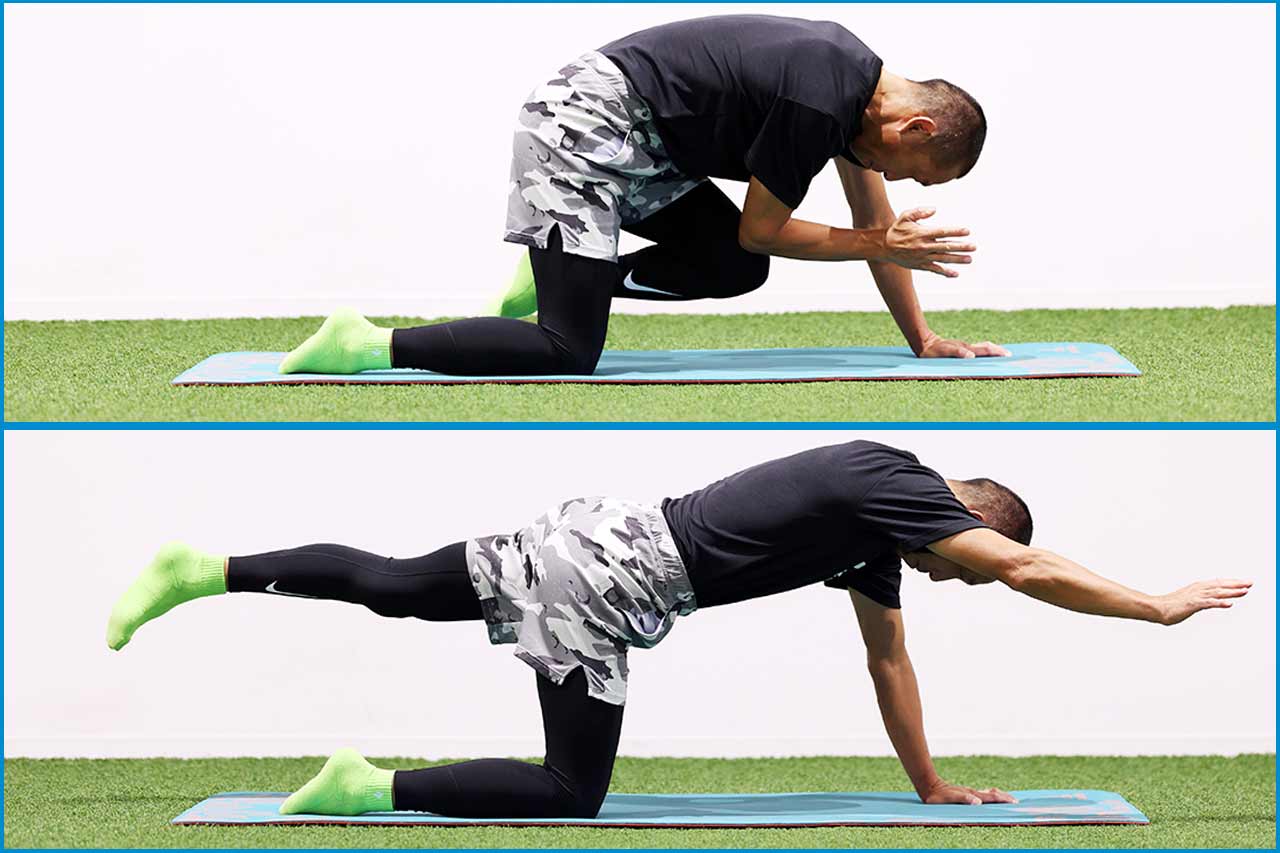 よつんばいになり、右手・左足または左手・右足の組み合わせで手足を床と並行に持ち上げ、姿勢をキープ。ゆっくりとヒジとヒザを引きつけ、左右を入れ替える。腹筋とインナーマッスルにかなり効く高強度トレーニング