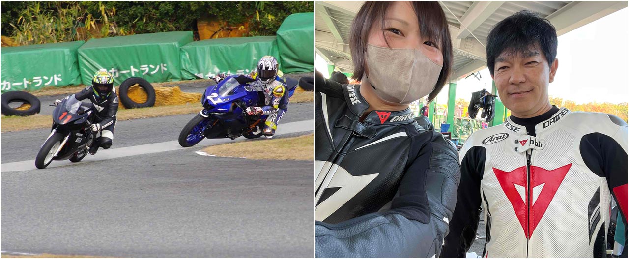 昨年、堺カートランドで開催されたライパGPに、カスノモーターサイクルチームの一員として参戦。うしガーレさんを追走しているライダーは、あの中須賀克行選手！　明るいキャラクターのうしガーレさんは、誰とでも仲良くなってしまう。原田哲也さんとのツーショットにも成功
