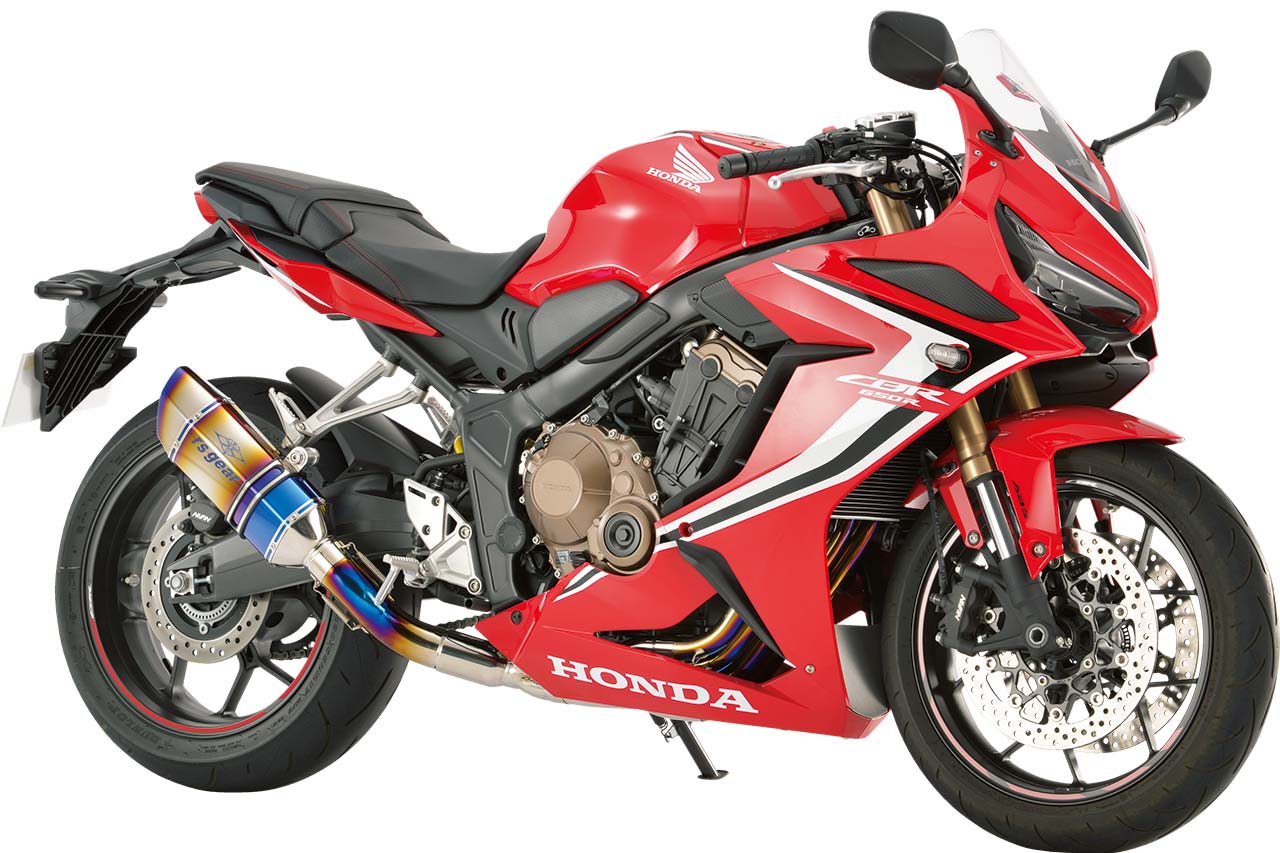 【CBR650R/CB650R（’19～）GPスペック フルエキゾースト マフラー】チタンポリッシュ/28万3800円　チタンドラッグブルー/28万9300円　最高出力：88.2（STD=83.5）ps　最大トルク：6.2（STD=6.0）kgf･m　重量：3.7（STD=8.5）kg　集合方式：4-2-1
