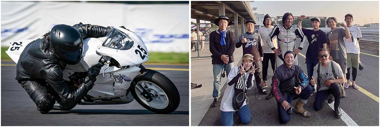 【バイク仲間と楽しむ】松原さんのまわりには多くのバイク仲間がいる。一緒にツーリングに行くなど、彼らとの交流は松原さんの大きな楽しみのひとつでもある。昨年は、ライダースカフェ対抗のミニバイク耐久レース「カフェ耐」にも仲間を集ってエントリー。みんなの力を合わせて上位入賞を果たし、忘れられない思い出になった