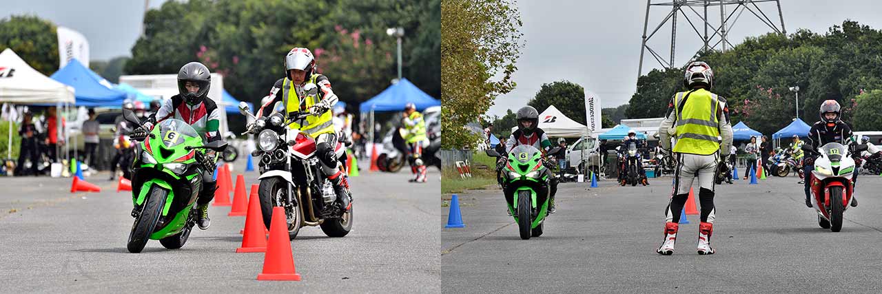 BATTLAX FUN & RIDE MEETINGの初心者クラスは、講習と実走行レッスンで構成されるライディングスクール的なカリキュラムが盛り込まれている。講習では、実践的なテクニックだけでなく、サーキットを走る心構えなど、初心者が不安に感じる部分に配慮した内容になっている。今回、実施されていた実走行レッスンは急制動とスラローム。一般道では練習しにくいサーキットライディングの基礎を、より安全に練習できるのだ