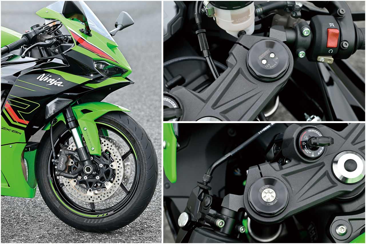 Ninja ZX-6Rのフロントサスペンションは、フルアジャスタブル。ダンパーの調整は、右側フロントフォークのトップキャップ上で行う。ダンパーは伸側/圧側ともに無段階調整式で、伸側ダンパーの調整範囲は5と2分の1回転。圧側ダンパーの調整範囲は7回転。プリロード調整は、左側フロントフォークのトップキャップ上に備え、無段階調整式で調整範囲は20回転。必要な工具は、マイナスドライバーと六角レンチ。セッティング変更は容易