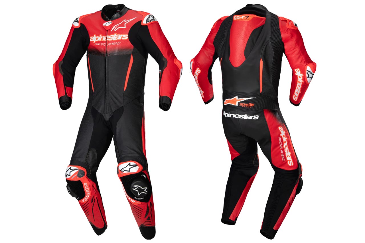 【GP-R7 LEATHER SUIT】価格：23万7490円　カラー： 白/黒/赤、黒/白/赤、黒/赤　サイズ：46～56